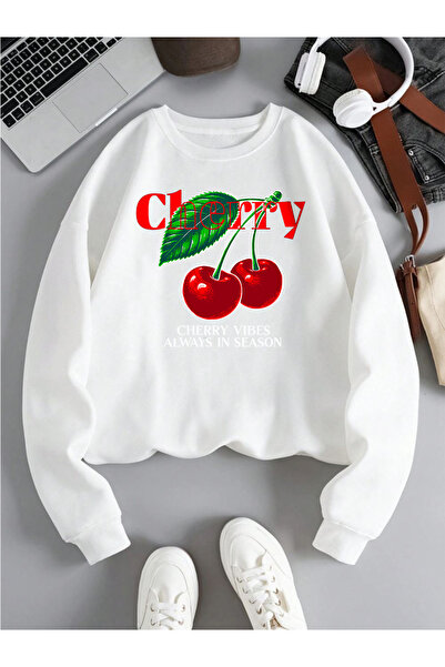 NOISSEY تي شيرت Cherry Vibes Always In Season Fruit مطبوع بغطاء رأس lar برقبة...