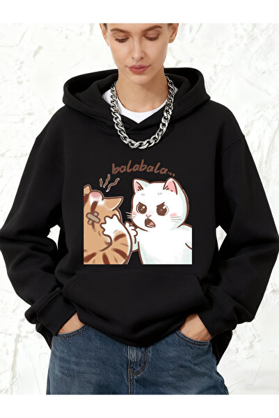 NOISSEY سويت شيرت نسائي شتوي فضفاض من Fun Two Cats Fighting B مطبوع P قطن u K...