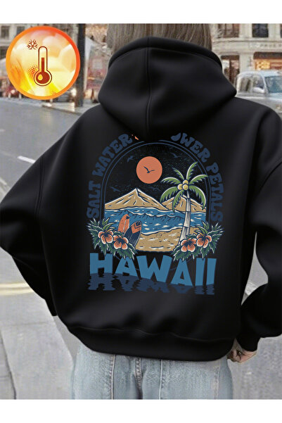 NOISSEY Saltwater Flower Hawaiian Print cu glugă pentru femei Iarna polar Pul...