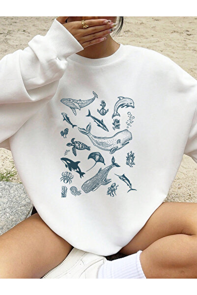 NOISSEY تي شيرت نسائي بطباعة الحياة البحرية والحوت والقرش، بقلنسوة وياقة دائر...