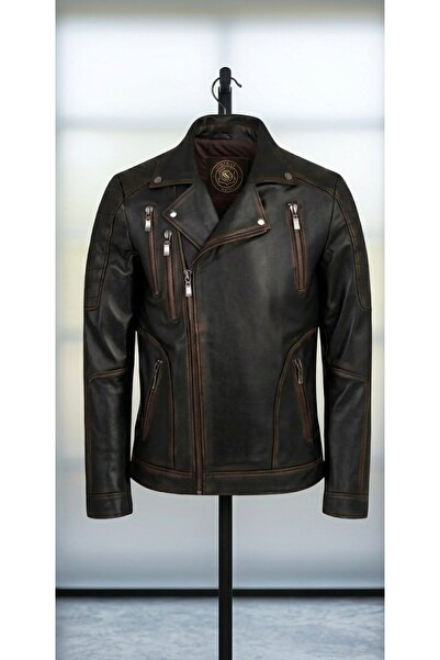 Savran Deri سترة رجالية من Asi45 Motorcu طراز جلد أصلي مُعتّقة الطراز