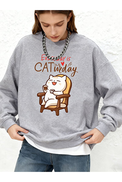 NOISSEY تي شيرت Cat Widay Coffee Happy Cats مطبوع بأكمام طويلة ورقبة دائرية ل...