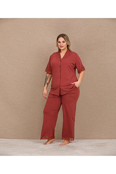 Viselya Buttoned Short Sleeve Lace Detailed Plus Size Pajama Set