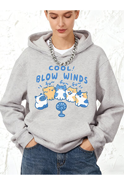 NOISSEY Cool Blow Winds pisică Prints bumbac cu glugă Tricou cu buzunar pentr...