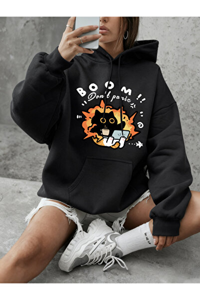 NOISSEY Boom Don't Panic pisică cu imprimeu Tricou pentru femei Iarna polar C...