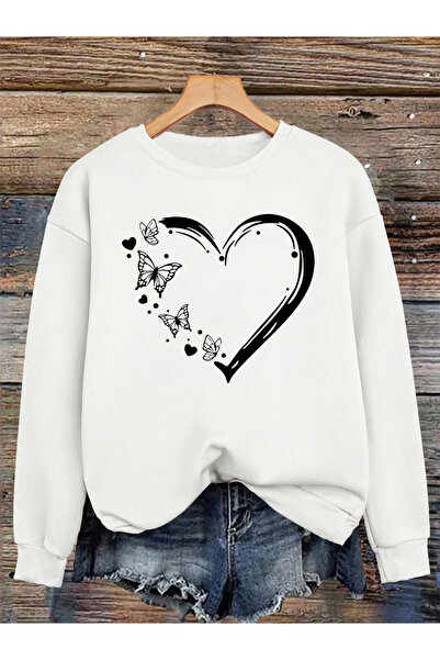 NOISSEY Pulover în formă de inimă Butterfly cu imprimeu Basic guler rotund To...