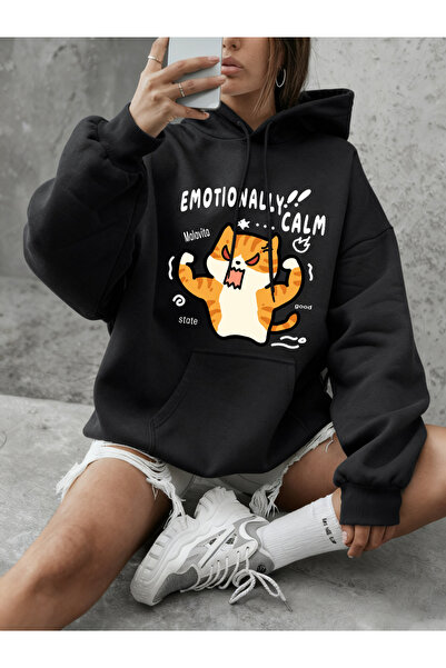 NOISSEY تي شيرت نسائي مطبوع عليه قطط هادئة عاطفياً لشتاء صوف الفليس دافئ بغطا...