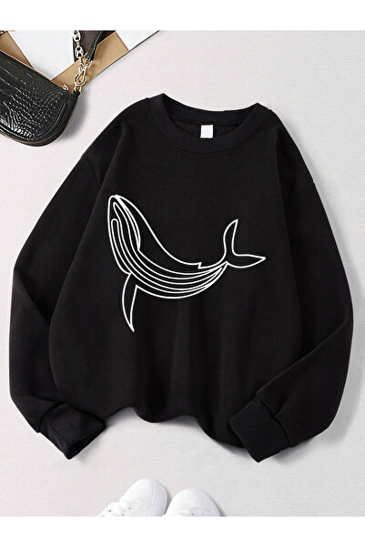 NOISSEY تي شيرت مطبوع عليه الحوت المقوس للنساء لشتاء صوف الفليس هوديز دافئ بر...