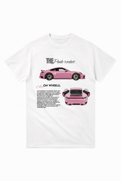 Bravebell Μπλουζάκι Unisex σε λευκό χρώμα με στάμπα Pink Rocket Sports Car