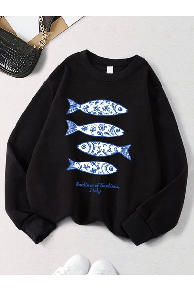 NOISSEY سترة نسائية شتوية دافئة من الصوف بطباعة صور السردين من سردينيا إيطالي...