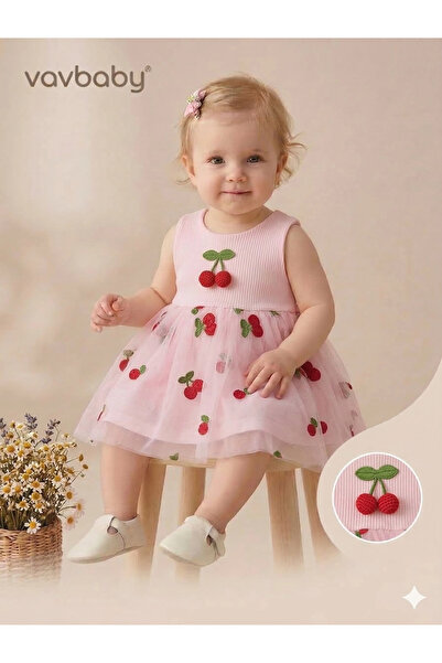 VaVbaby Cherry Embroidered Tulle Detail Baby Dress Pink