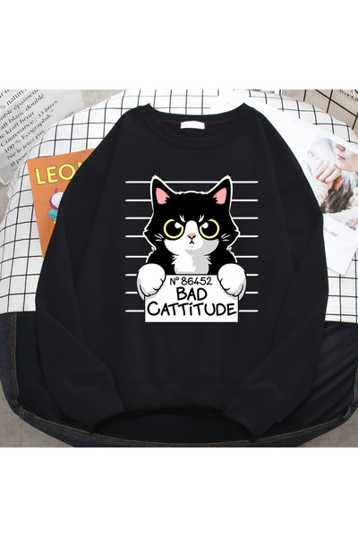 NOISSEY سترة خريفية وشتوية رقم مطبوع من Bad Cattitude Funny Cat بغطاء رأس sve...