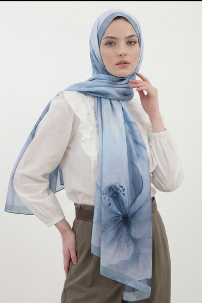 Farah Zahra Floral Desenli Kadın Pamuklu Mavi Şal