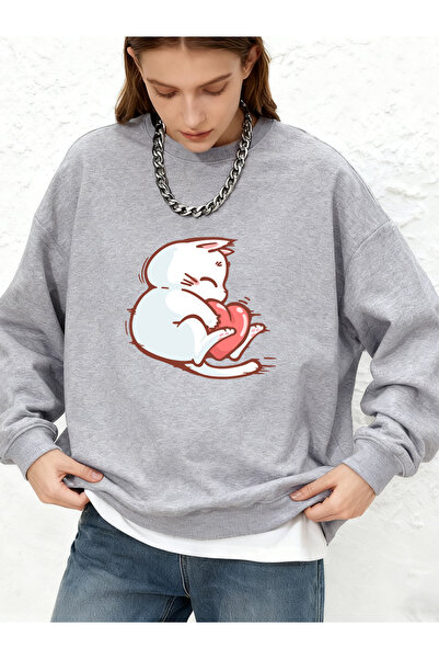 NOISSEY سويت شيرت Red Heart Cat مطبوع للسيدات كاجوال فضفاض بنطال جوغر بغطاء ر...