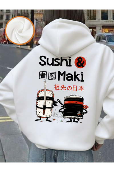 NOISSEY سترة نسائية دافئة بطباعة السوشي الياباني بغطاء رأس لار لخريف وشتاء صو...