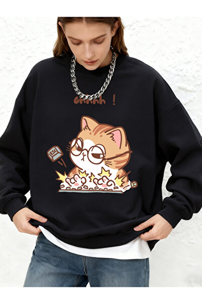NOISSEY Crazy Cat Typing Wild Printed Hooded Top for Women Simple Round Neck ...