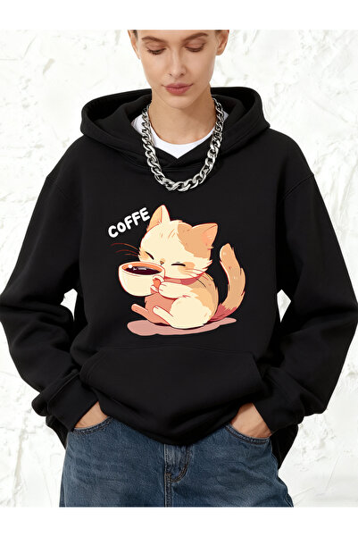 NOISSEY سترة Cat Drinking Coffee B مطبوع P قطن u K بغطاء رأس للسيدات للشتاء P...