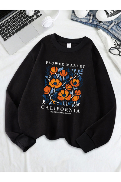 NOISSEY Yellow Flowers Market California Prints Sweatshirts Women's Loose Spo...