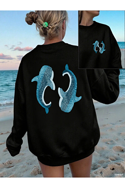 NOISSEY Majica sa plavim printom kita, ženska, široka, ležerna Sa kapuljačom ...