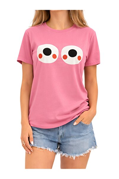 ship master Women's Minimal Eye Patterned Pink T-Shirt 100% Cotton Daily Basic