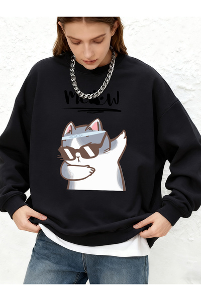 NOISSEY Cool Cat Cartoon Printed Women's Hooded Above Basic Oversized Jogger ...