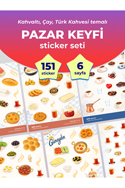 Planner & Journal Sticker – Pazar Kahvaltısı Çay Kahve Keyif Temalı Mini Ajanda Sticker Seti 6 sayfa