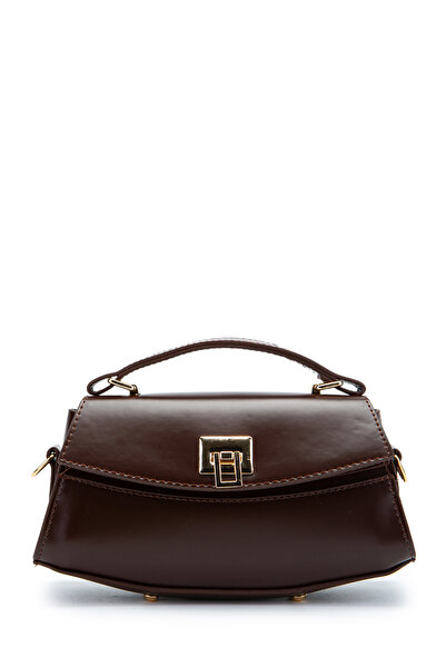 minebag Lock Detailed Baguette Luvia Women's Crossbody Bag Brown