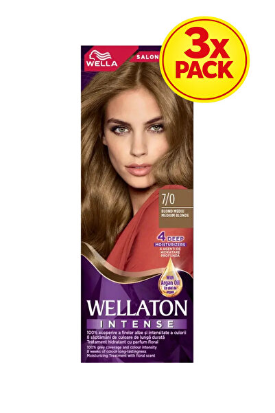 Wellaton Pachet 3 vopsele de păr permanente 7/0 blond mediu, 110 ml
