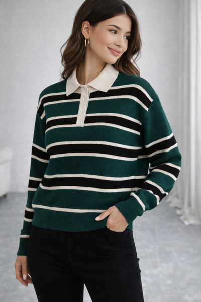 FİFTY ONE    Women's Polo Neck Striped Knitwear Sweater