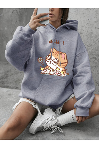 NOISSEY Crazy Cat Typing Wildly مطبوع بغطاء رأس قطعة سويت شيرت نسائي كاجوال ف...