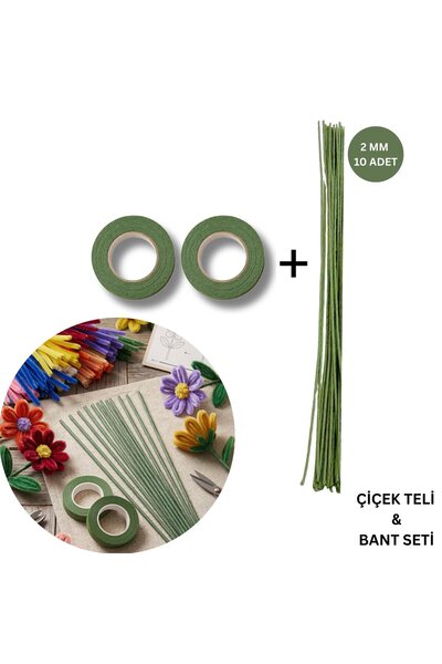 roco paper Yeşil Çiçek Teli – 10lu, 2mm-40 cm & 2 Adet Açık Yeşil Çiçek Bandı...