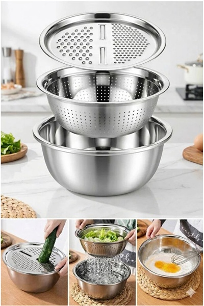 Kitchen Beauty 3 Parça Rendeli Süzgeç Ve Karıştırma Çırpma Kabı Paslanmaz Çel...