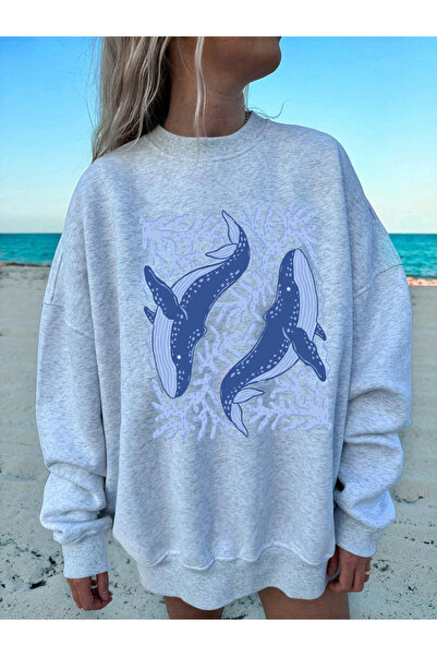 NOISSEY Tricou cu imprimeu balenă și corali Toamna polar Pulover larg cu gât ...