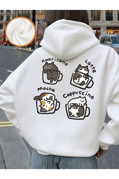 NOISSEY سترة نسائية بجيب من Cat Coffee Art Letter Prints بغطاء رأس Lar، سترة ...