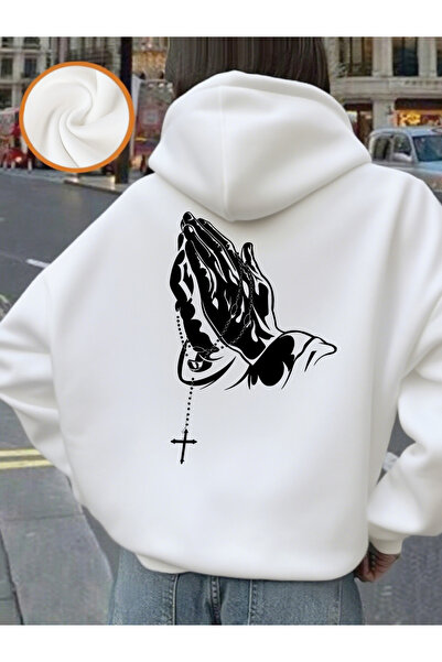 NOISSEY طباعة أيادي الصلاة بغطاء رأس بلوزات نسائية لخريف وشتاء صوف الفليس ستر...