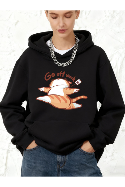 NOISSEY Quit Your Job Happy Cat B Printed P Cotton U K Hooded Tops Winter for...