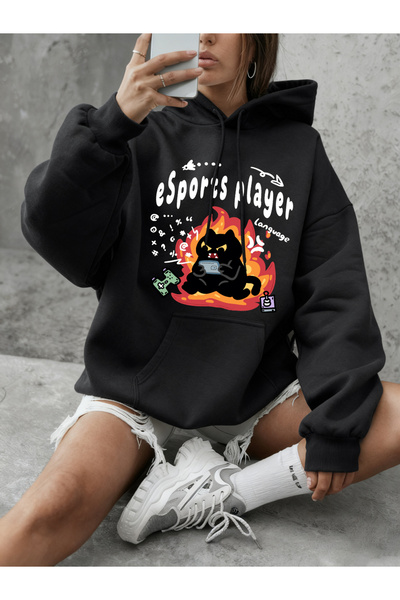 NOISSEY سويت شيرت Esports Gamer Cat مطبوع بغطاء رأس للسيدات للشتاء صوف الفليس...