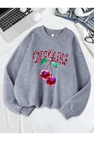 NOISSEY تي شيرت نسائي فضفاض بطبعة كريستال تشيري بغطاء رأس لار صوف الفليس ملاب...