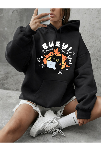 NOISSEY Busy Spirit State Cat cu imprimeu Hanorac pentru femei cu glugă Casua...