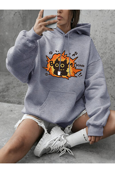 NOISSEY Boom Cat Cartoon με τύπωμα Φούτερ πουκάμισα για γυναίκες Basic με στρ...