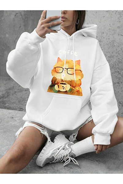 NOISSEY سويت شيرت Hot One Cat Drinking Coffee B مطبوع للنساء شتوي بقلنسوة صوف...