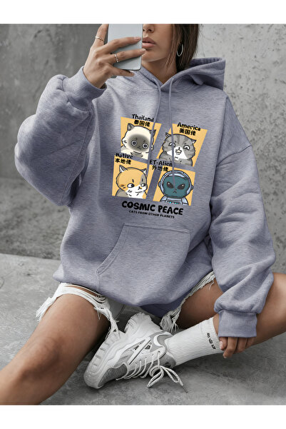 NOISSEY سترة كوزميك بيردز كاتس مطبوع بغطاء رأس للسيدات سترات فضفاضة غير رسمية...