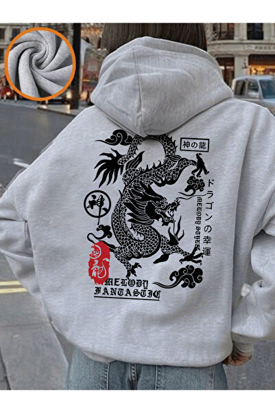 NOISSEY Κινέζικο Dragon Print με κουκούλα Άνετα Φαρδιά Φούτερ Χειμώνας Φλις Ζ...