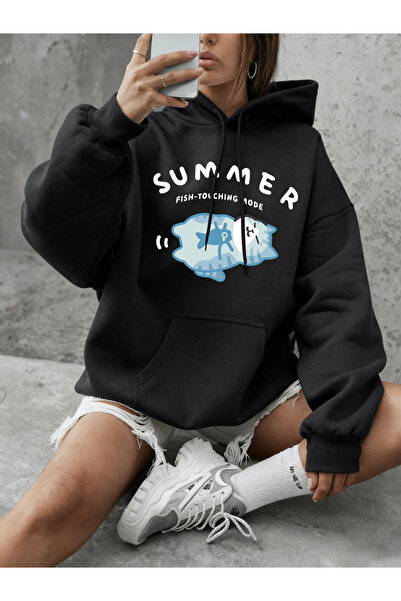 NOISSEY بلوفرات نسائية من Fish Touch Mode Cat مطبوع بغطاء رأس للشتاء صوف الفل...