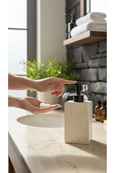 Polen Stone Travertine Square Liquid Soap Dispenser with Matte Black Details