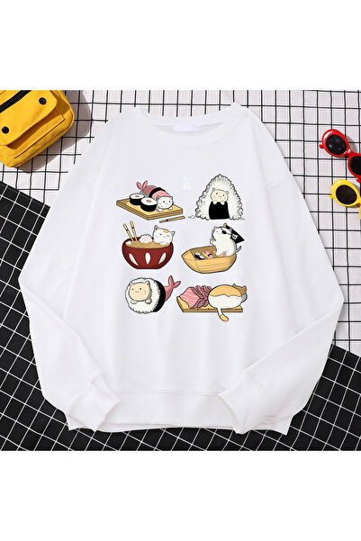 NOISSEY سترة نسائية بسيطة للخريف سويت شيرت مطبوع عليه sushi Cat'S Day Harajuk...