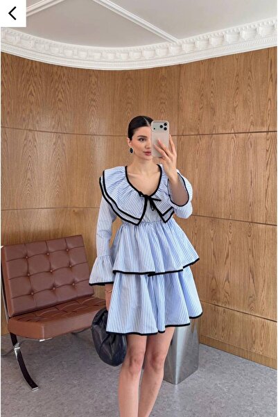 KY Fırfır Detaylı Çizgili Mini Elbise