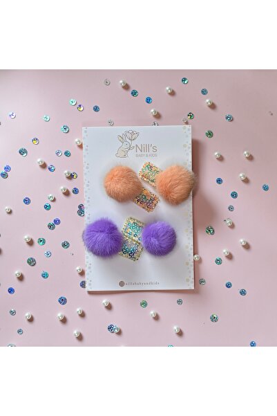 Nills Baby & Kids Ponpon ve Payet Detaylı Toka Set - Turuncu & Mor 4'lü