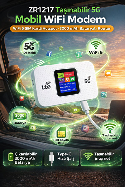 instatech ZR1217 Taşınabilir 5G Mobil WiFi Modem WiFi 6 SIM Kartlı Hotspot 30...