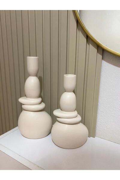 Tuge Home Taş Mumluk 2’Li Seramik Vazo – Kum Beji